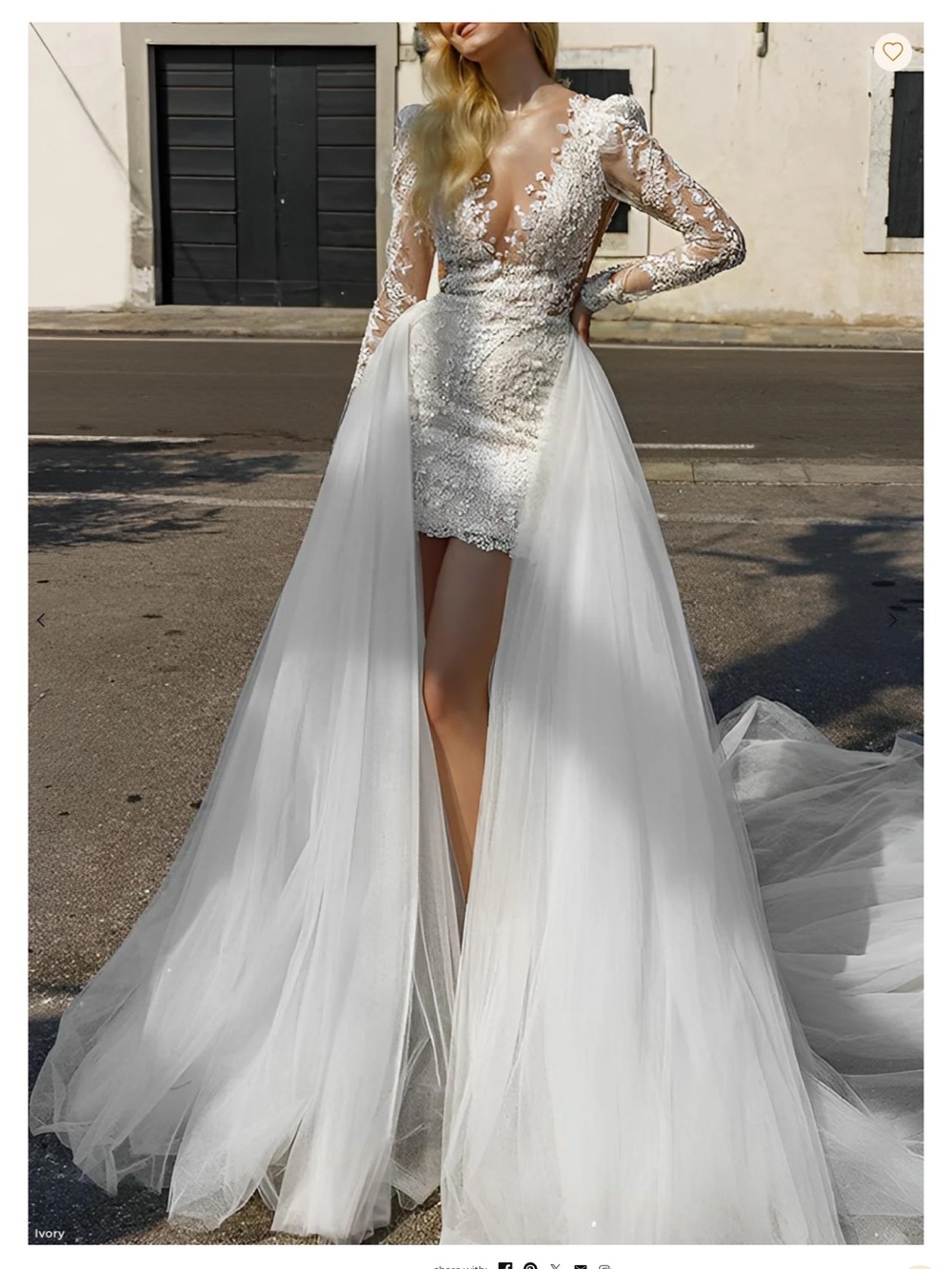 Ivory Lace Illusion Long-Sleeve Bridal Gown - Picture 4 of 6